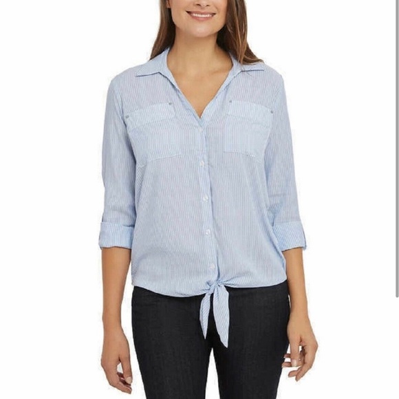 092. NWT Jones NY Alameda Front Tie Button Blouse - Picture 1 of 9